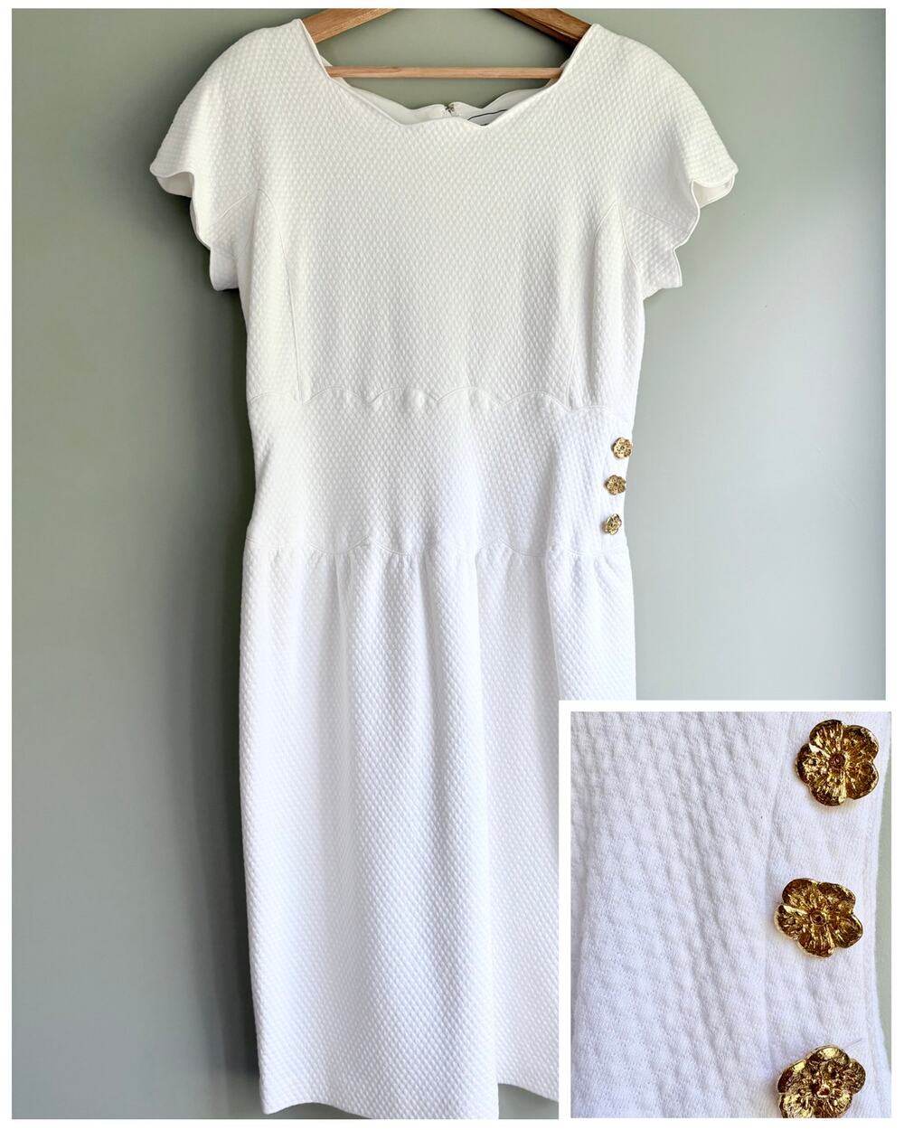 VTG Adrienne Vittadini White Textured Cotton Dress Gold Floral Button Scallop 10
